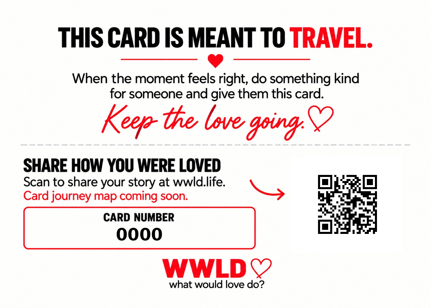 Back of the WWLD traveling kindness card, with instructions to pass it on, a QR code to share your story, and sample card number 0000.
