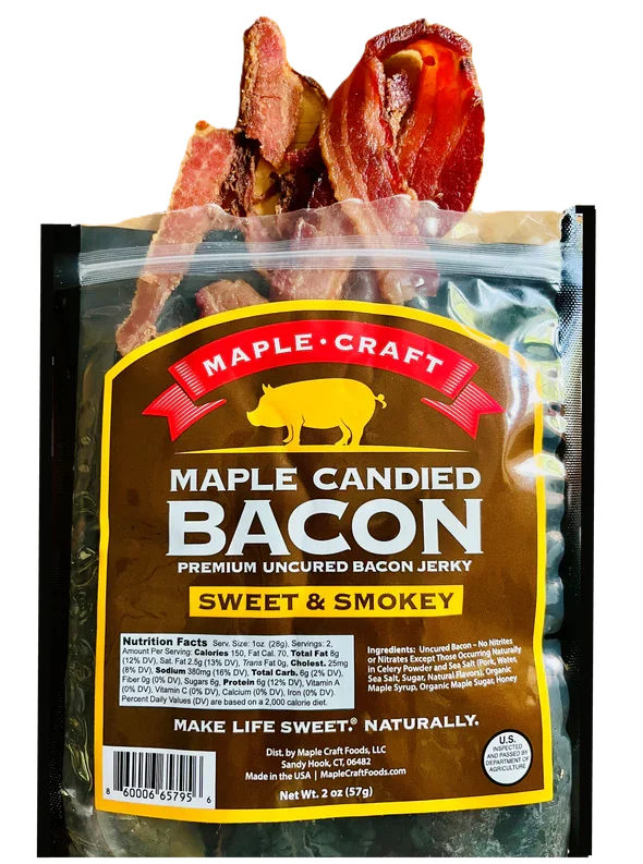 A bag of Maple Candied Bacon jerky with slices of candied bacon protruding from the top.