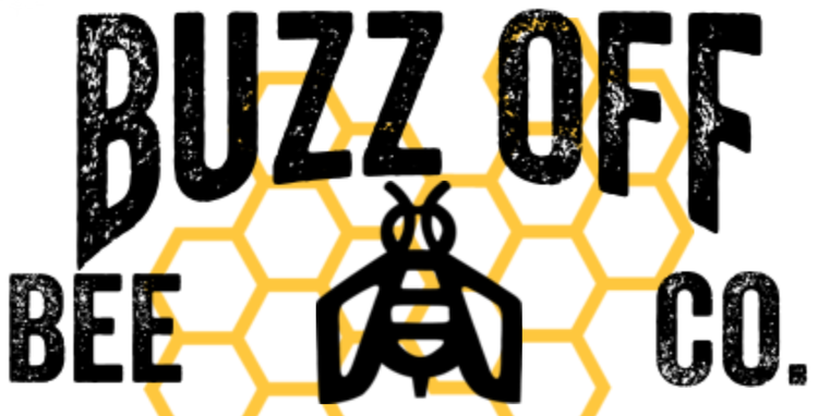Logo for 'Buzz Off Bee Co.' and a black bee illustration, with a yellow honeycomb pattern in the background.