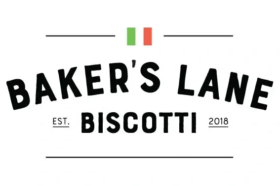 Logo for Baker's Lane Biscotti, established in 2018, with a small Italian flag at the top.