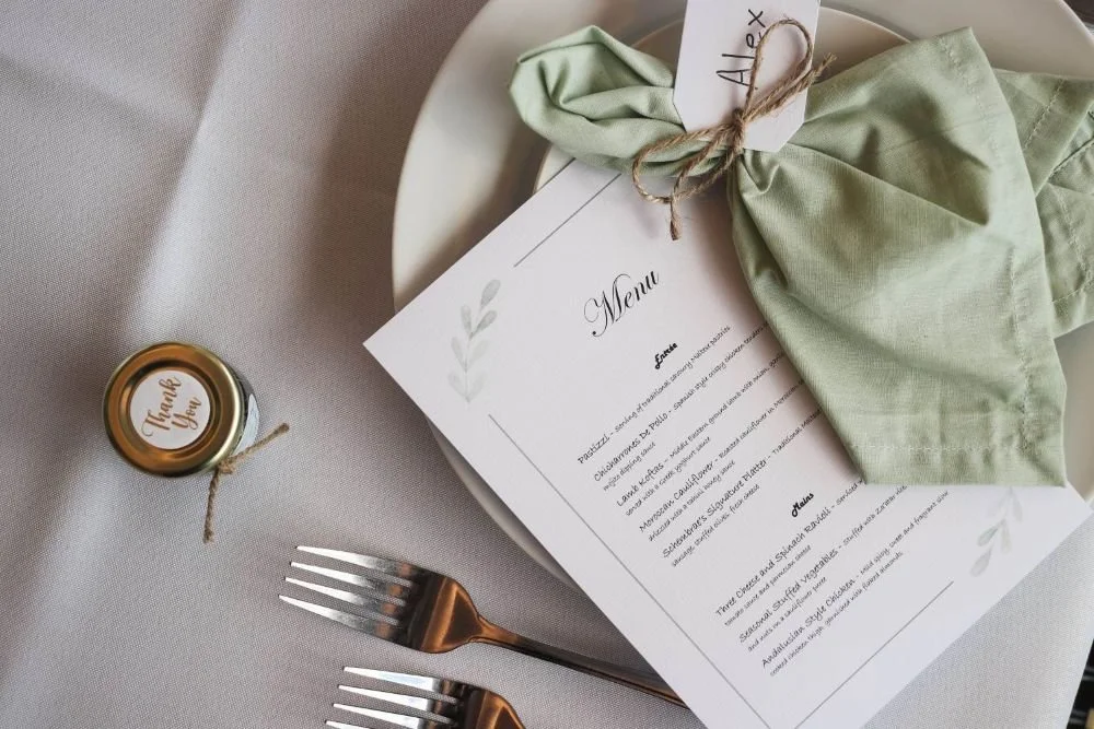 custom printed menu on table set for wedding reception held at schembraes at kurrajong in kurrajong village