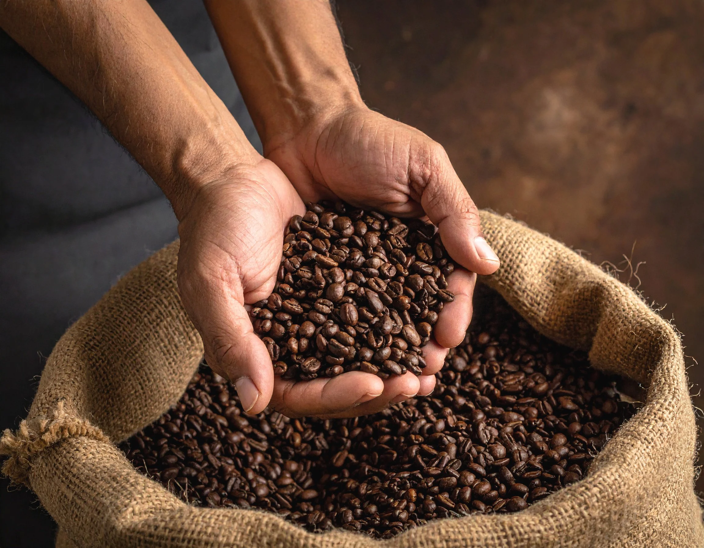 Person scooping roasted coffee beans from burlap sack.