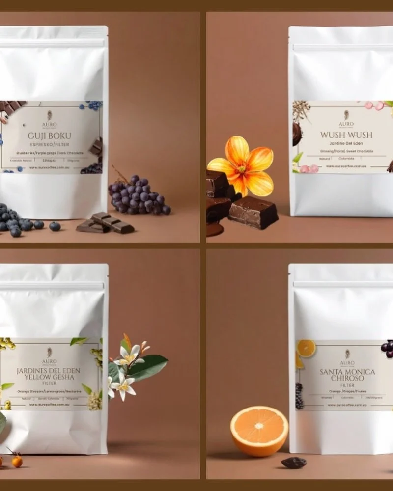 Hello Auro Family!!! Here are some of our amazing single origins. Come try them at our next market. Two amazing coffee from @jardines_varietals : Our Yellow Geisha and Wush and Wush. Our Santa Monica Chiroso and Guji Boku. Thank you for all your supp