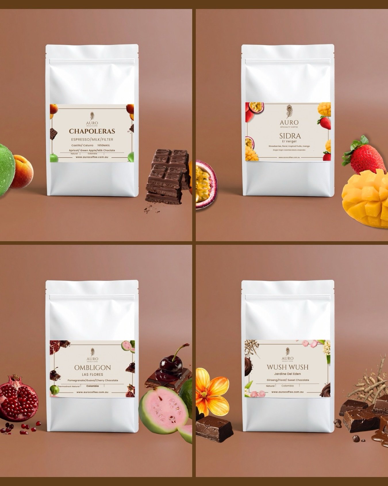 Hello Auro Family!!! Here are 4 of our current amazing Colombian coffees. Currently available online and for pick up. 

Jardine Del Eden Orange Wush Wush :Meet the coffee that won hearts at the Qatar National Brewers Championship. This Orange Wush Wu