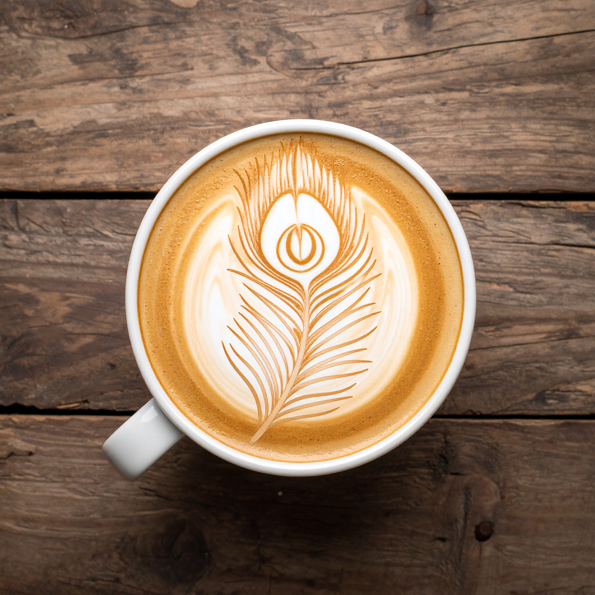 A cup of coffee with latte art resembling a feather and a peacock feather design on top, placed on a wooden surface.