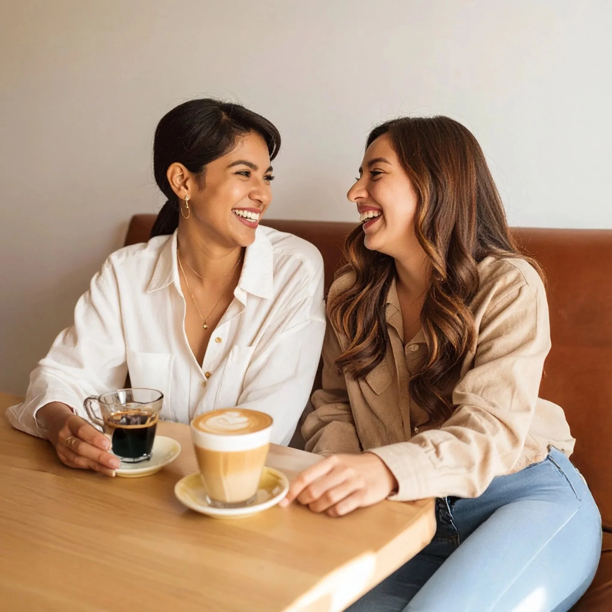 Two women sitting at a table, smiling and laughing while enjoying coffee, one with a cup of black coffee and the other with a latte