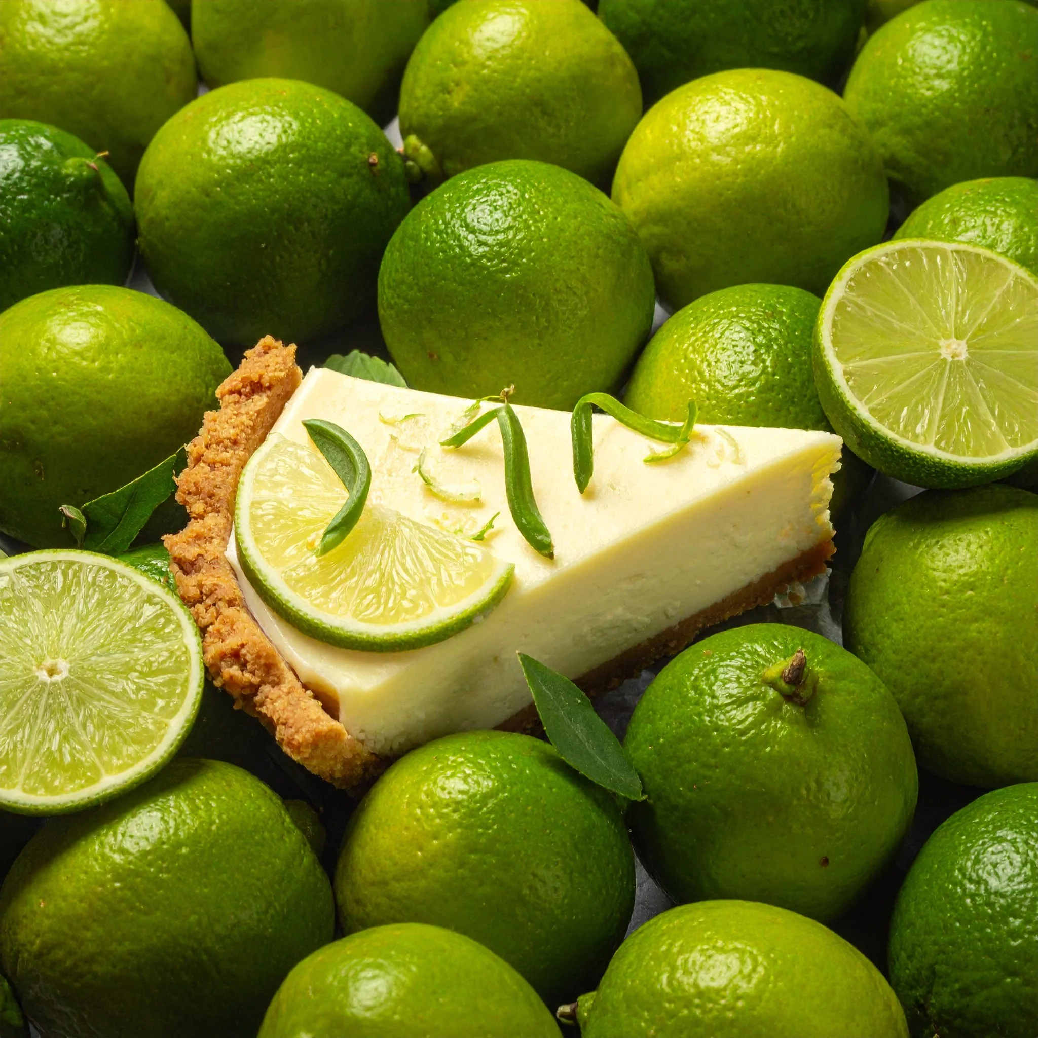 Firefly_closeup of a pile of limes (cut and whole) as well as a piece of key lime pie.. textu 46228.jpg