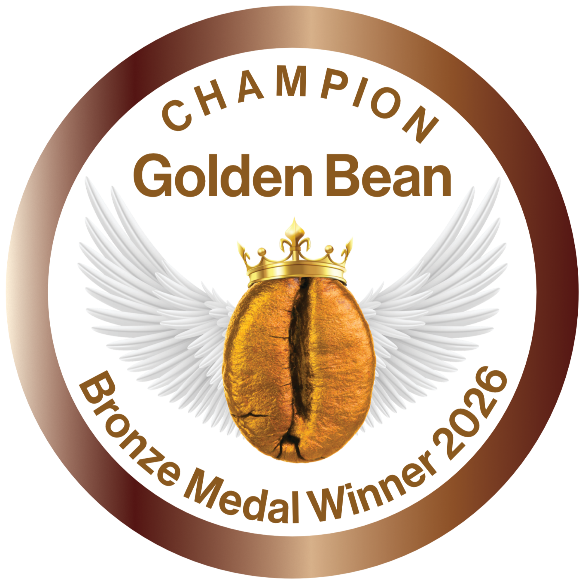 Design featuring a winged coffee bean with a crown, surrounded by text reading 'Champion Golden Bean, Bronze Medal Winner 2025'.