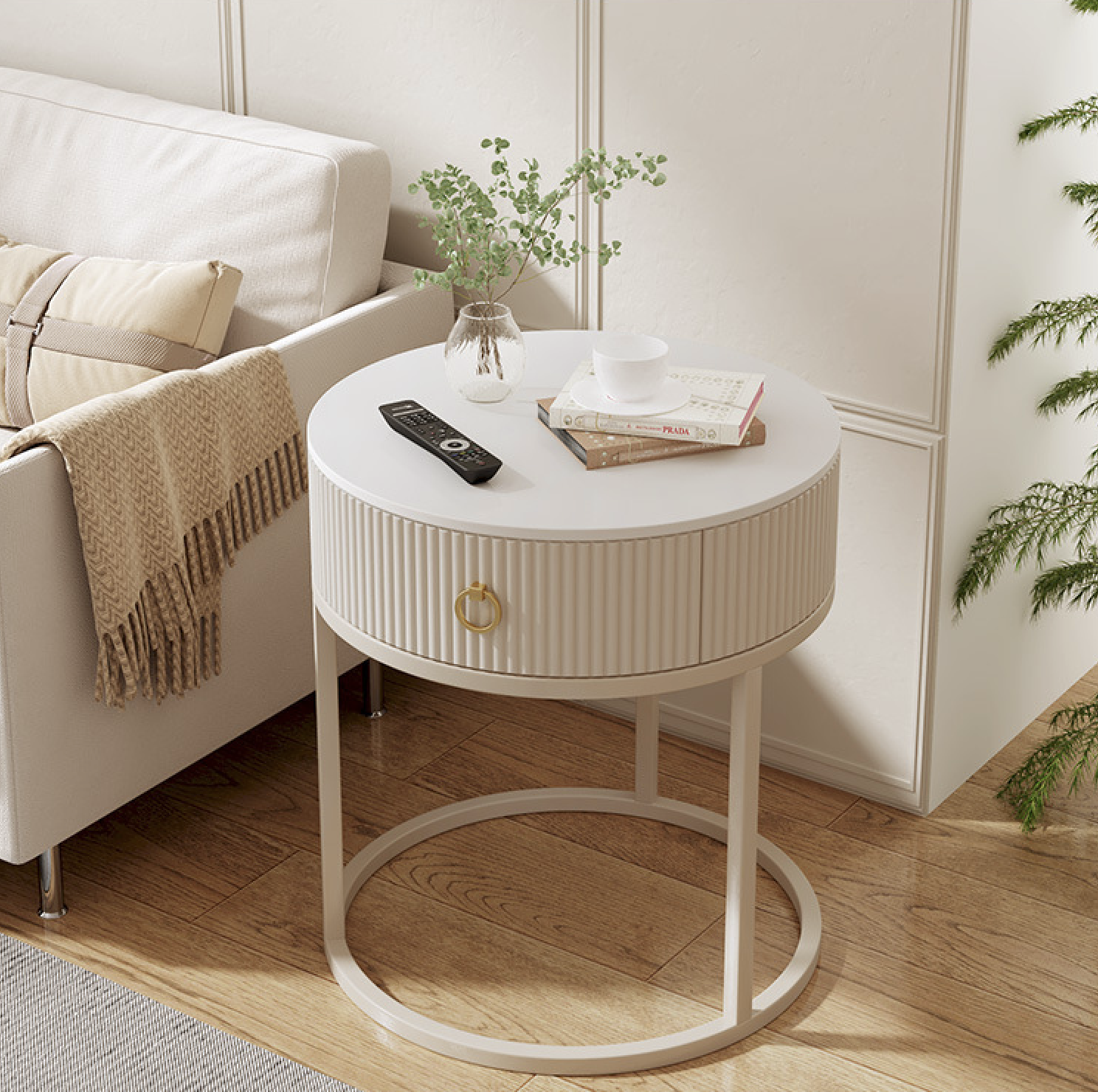 ラウンドサイドテーブル（収納棚付き）