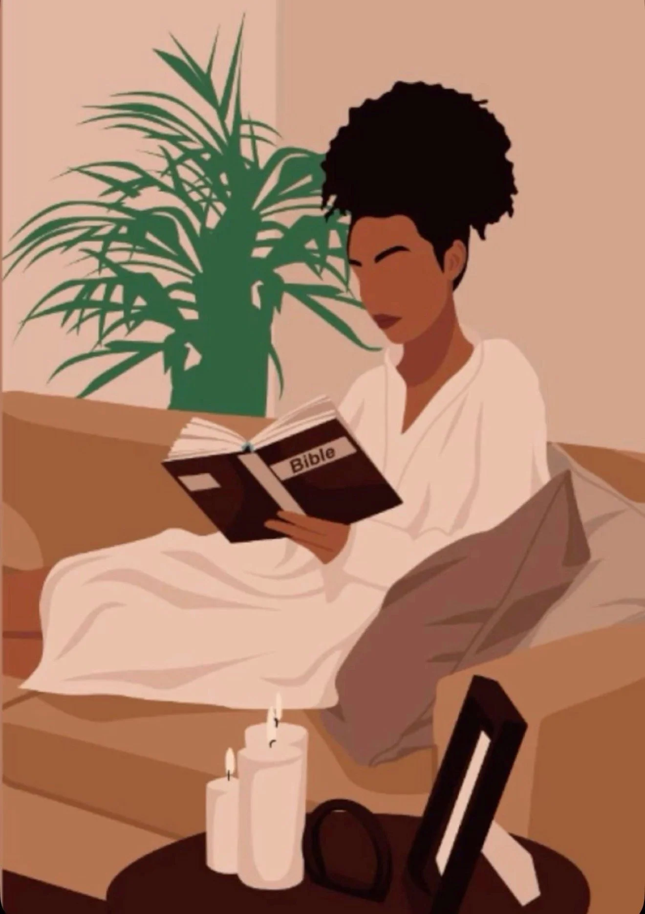An illustrated woman with natural curly hair sitting on a sofa, reading a Bible. There are two white candles and a frame on a small round table in front of her, and a large green potted plant in the background.