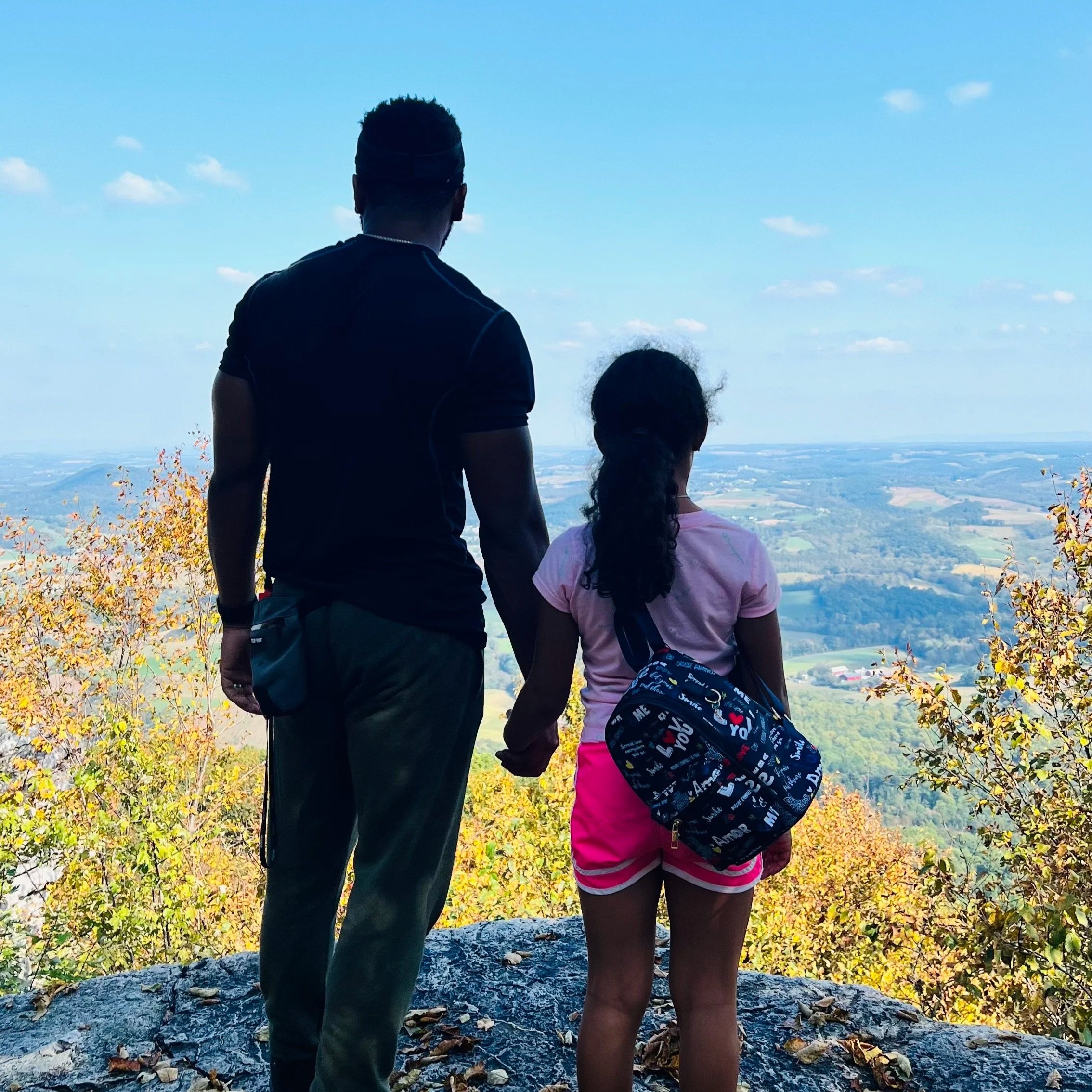 A man and a girl holding hands on a mountain overlook with a scenic view of a valley with trees and fields.