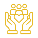 Hands holding a group of people with a heart symbol in the center