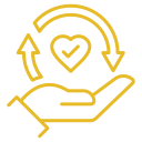 A hand holding a heart with circular arrows around it, symbolizing care or support.