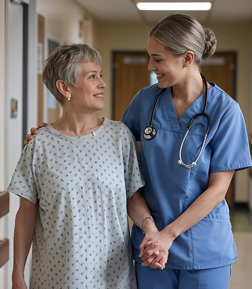 A smiling elderly woman in a hospital gown holding hands with a young female nurse in blue scrubs, in a hospital hallway.