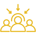 Icon of a person with a headset and three people surrounding them, representing customer support or communication.