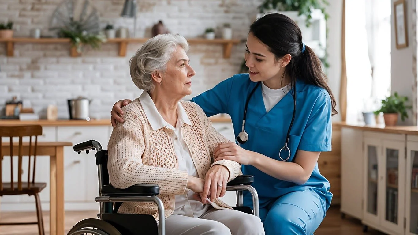 A healthcare worker in blue scrubs and a stethoscope talks to an elderly woman in a wheelchair, both smiling and making eye contact in a cozy, well-lit room.