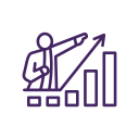 Bar chart with a person pointing at ascending arrows and bars