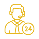 Line art icon of a customer service representative with a headset, holding a 24-hour service sign.