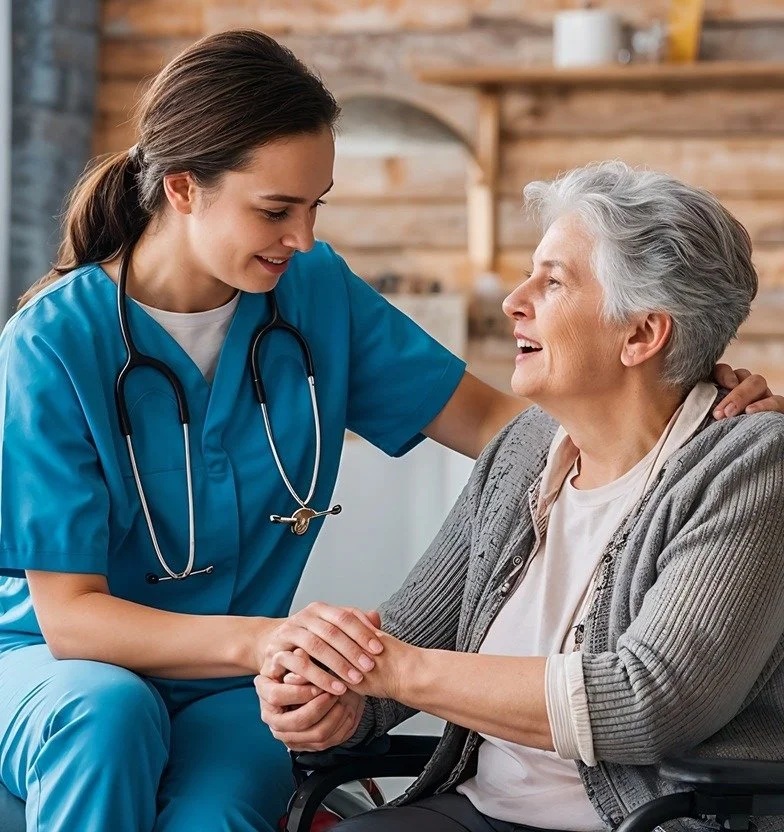 A young nurse in blue scrubs and a stethoscope smiling and holding hands of an elderly woman with gray hair, who is sitting in a wheelchair, in a cozy, wood-paneled room.