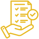 Gold icon of a hand holding a checklist with a checkmark.