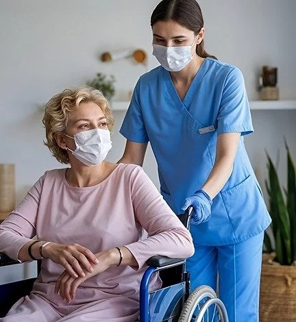 A nurse in blue scrubs and a face mask helping an elderly woman in a wheelchair, who is also wearing a face mask, in a medical setting.