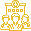 Icon showing a group of four medical professionals with stethoscopes, representing healthcare team.