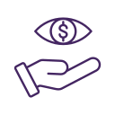 A purple hand holding an eye symbol with a dollar sign inside
