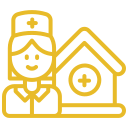 Outline of a nurse with a nurse's hat and a medical building with a cross sign in front.