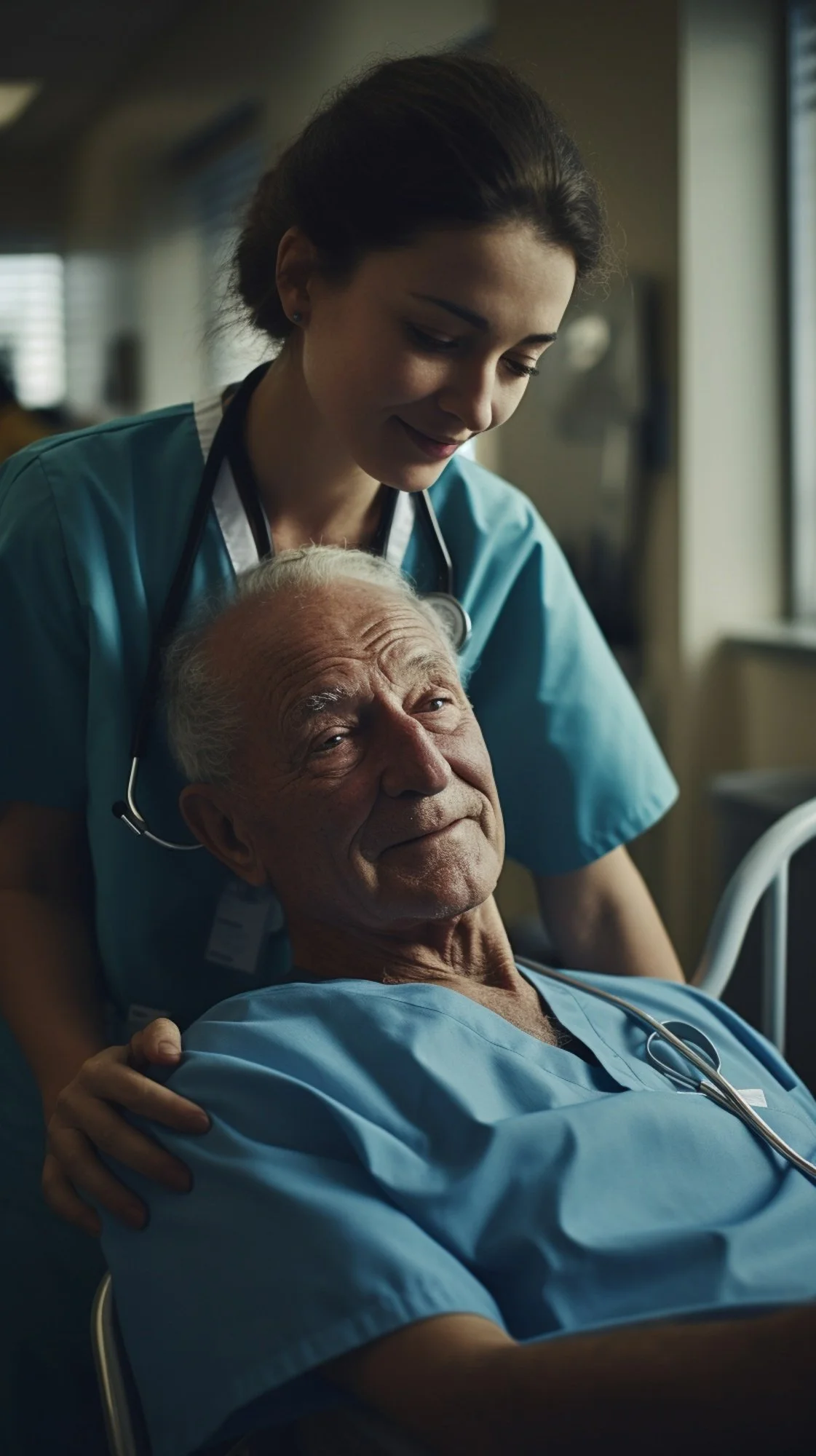 A young female nurse or doctor in scrubs with a stethoscope around her neck gently holding and caring for an elderly male patient in a hospital bed, smiling warmly.