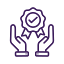Two purple hands holding a circular emblem with a star in the center