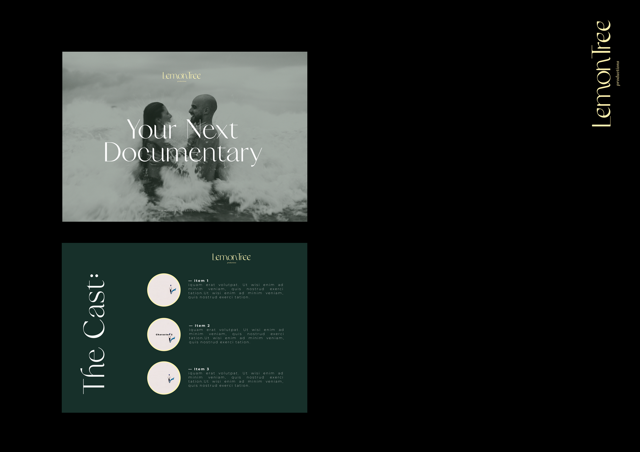 A promotional presentation for LemonTree production featuring a black and white image of a couple in the ocean, with title 'Your Next Documentary.' The slide includes a section titled 'The Cast:' with three items, each accompanied by a circular icon with a person diving or swimming, and placeholder description text.
