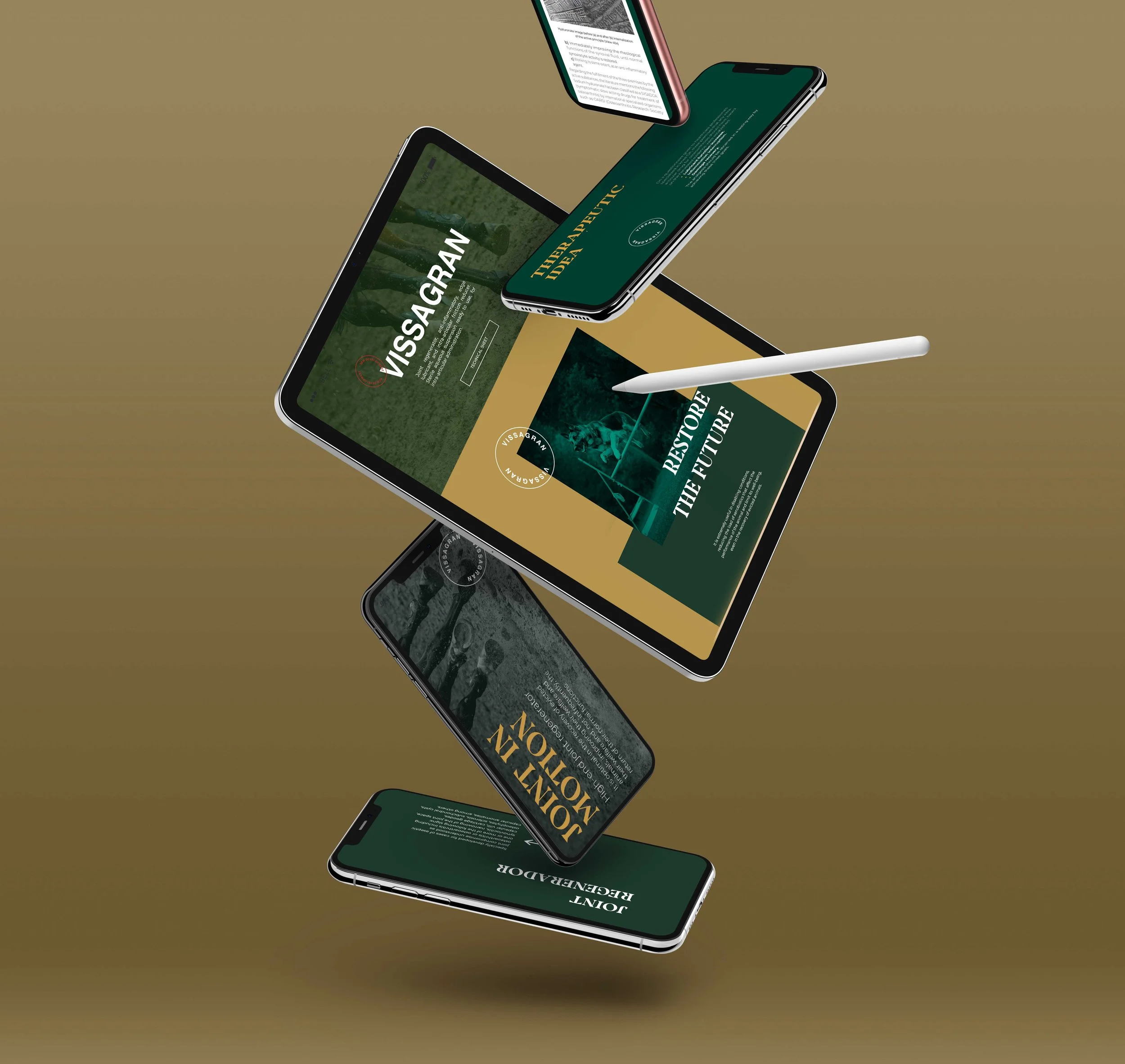 Floating digital devices including smartphones and tablets with environmental and technological themed content displayed, set against a neutral background.