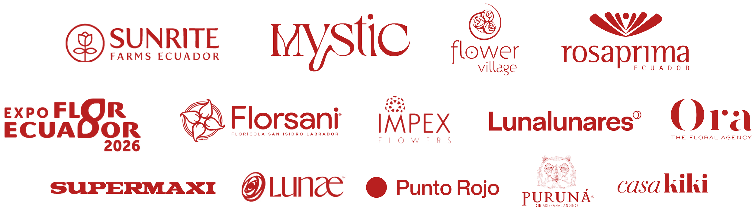 Marcas con las que ha trabajado DAGA Studio como: Sunrise Farms Ecuador, Mystic, Flower Village, Rosaprima Ecuador, Expo Flor Ecuador 2026, Florsani, IMPEX Flowers, Lunalunares, La Floristic, Supermaxi, Casa Kiki, Puruná, Punto Rojo y más