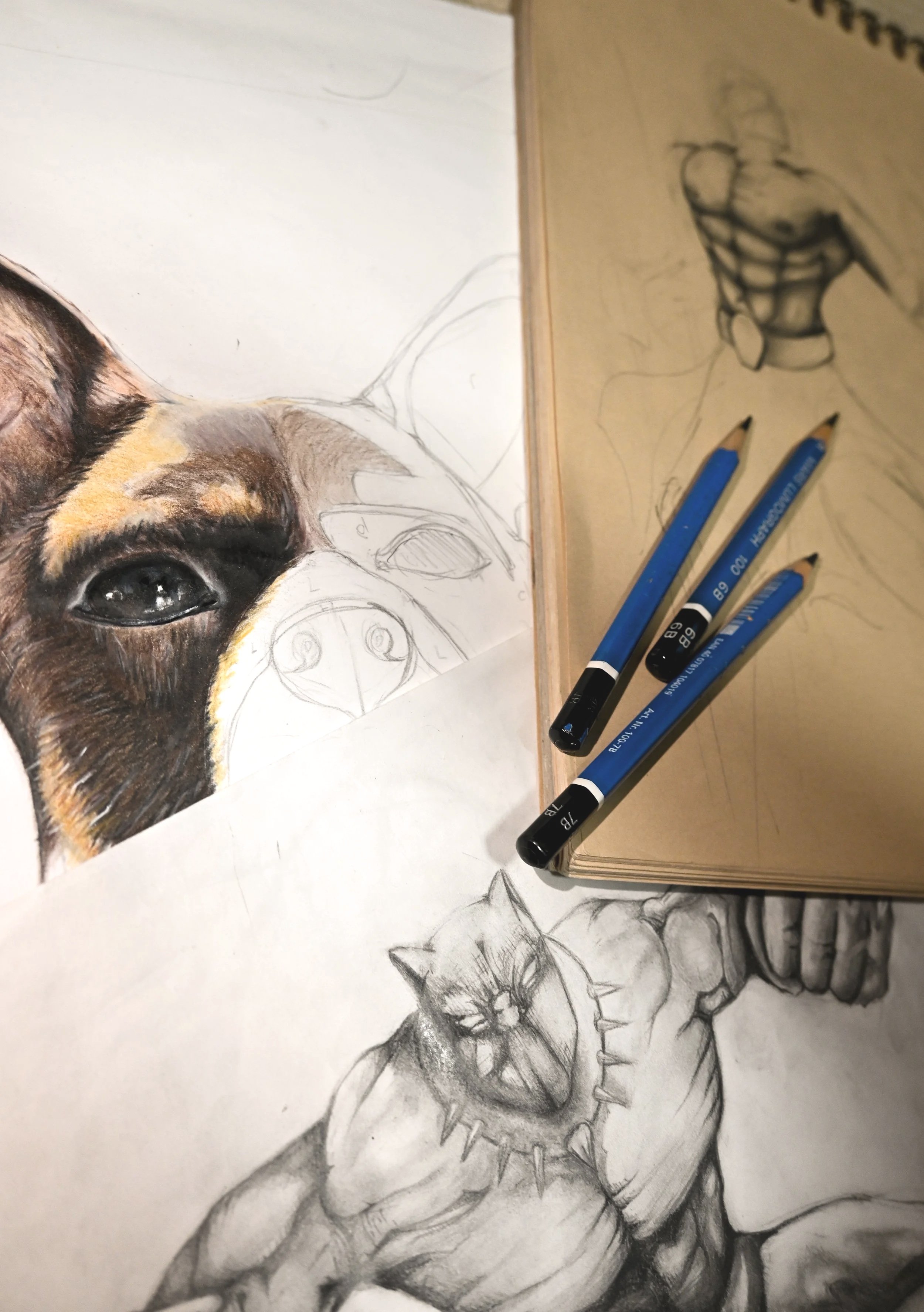 Art supplies with sketches and a partially colored dog portrait on paper, along with other character sketches and colored pencils.