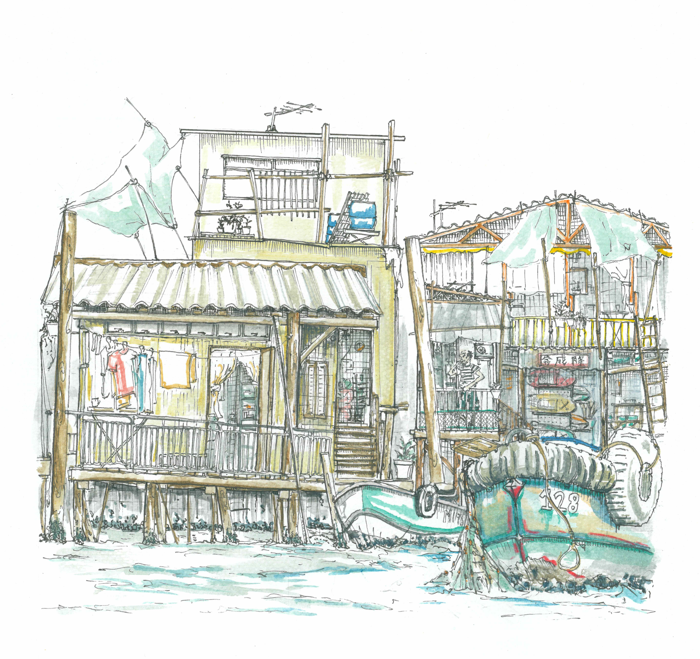 This watercolour painting captures the bustling Tai'O village in Hong Kong