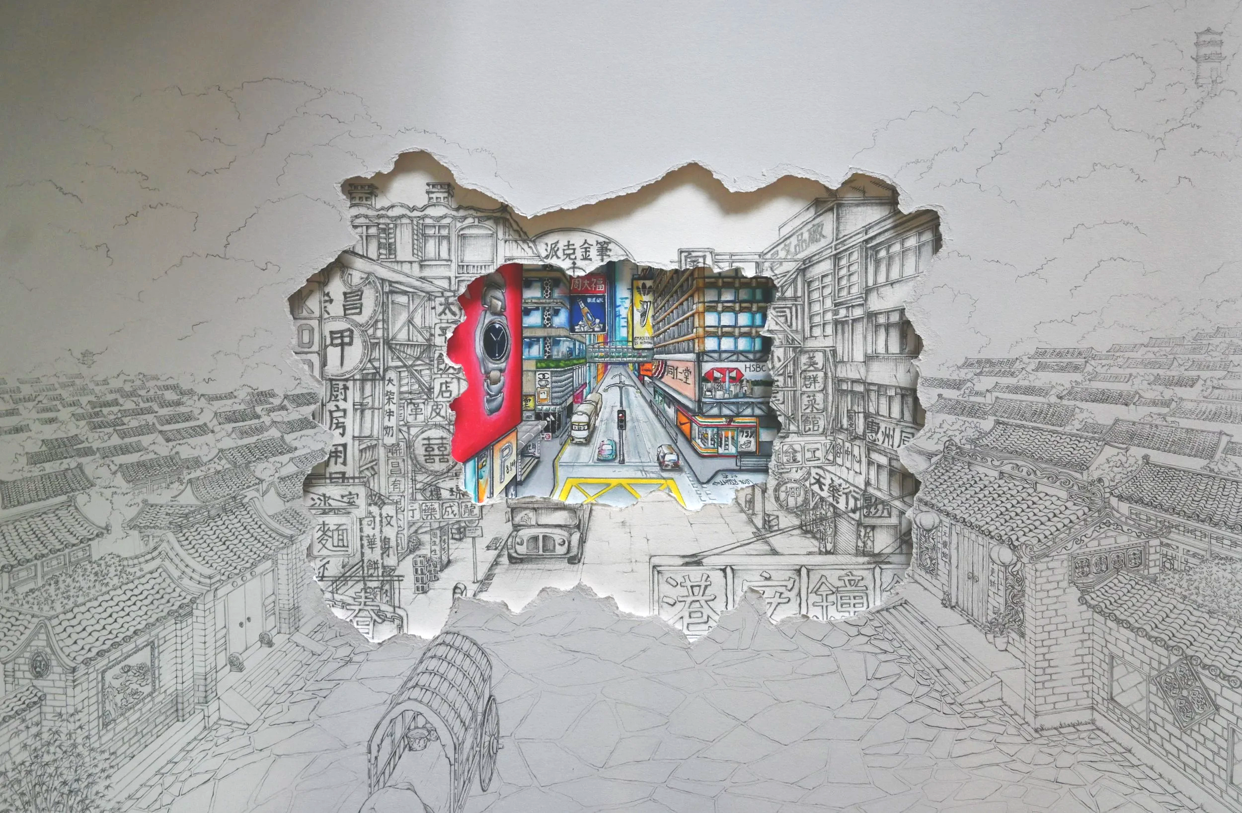 Torn wall revealing a colorful city street scene through a hole, with buildings, cars, signs, and billboards in an Asian city.