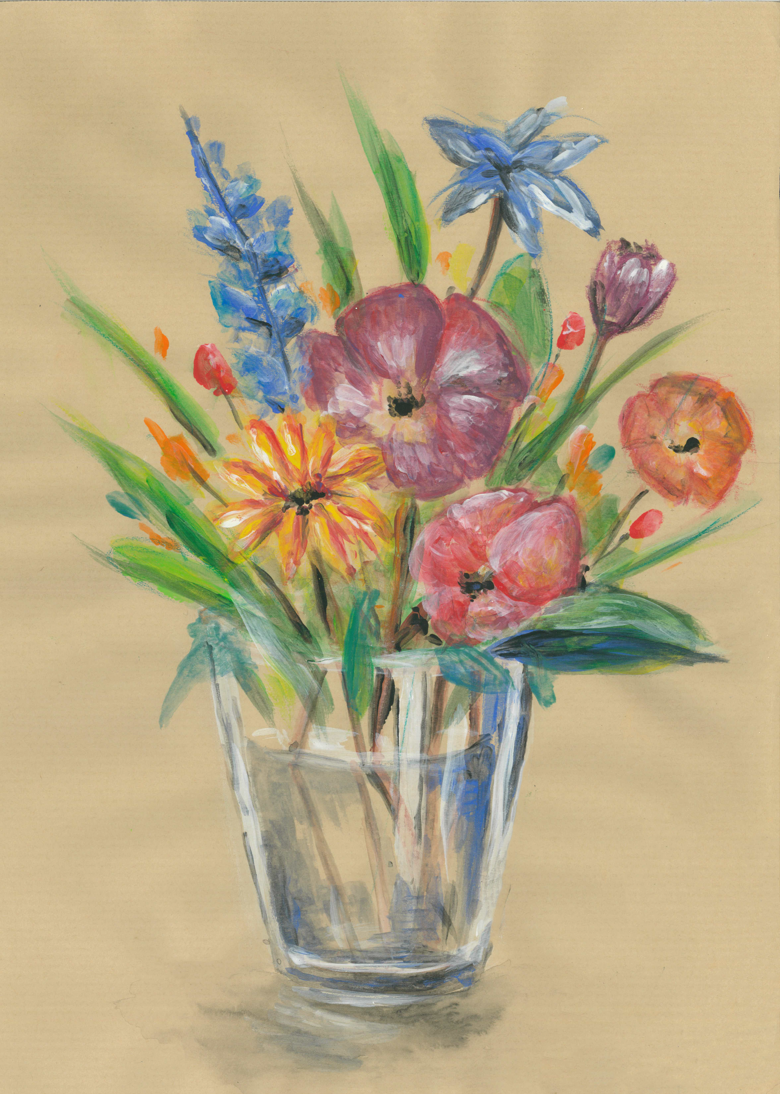 A watercolor painting of a colorful flower bouquet in a clear glass vase, featuring various flowers with pink, purple, yellow, and blue petals, and green leaves and stems, on a light beige background.