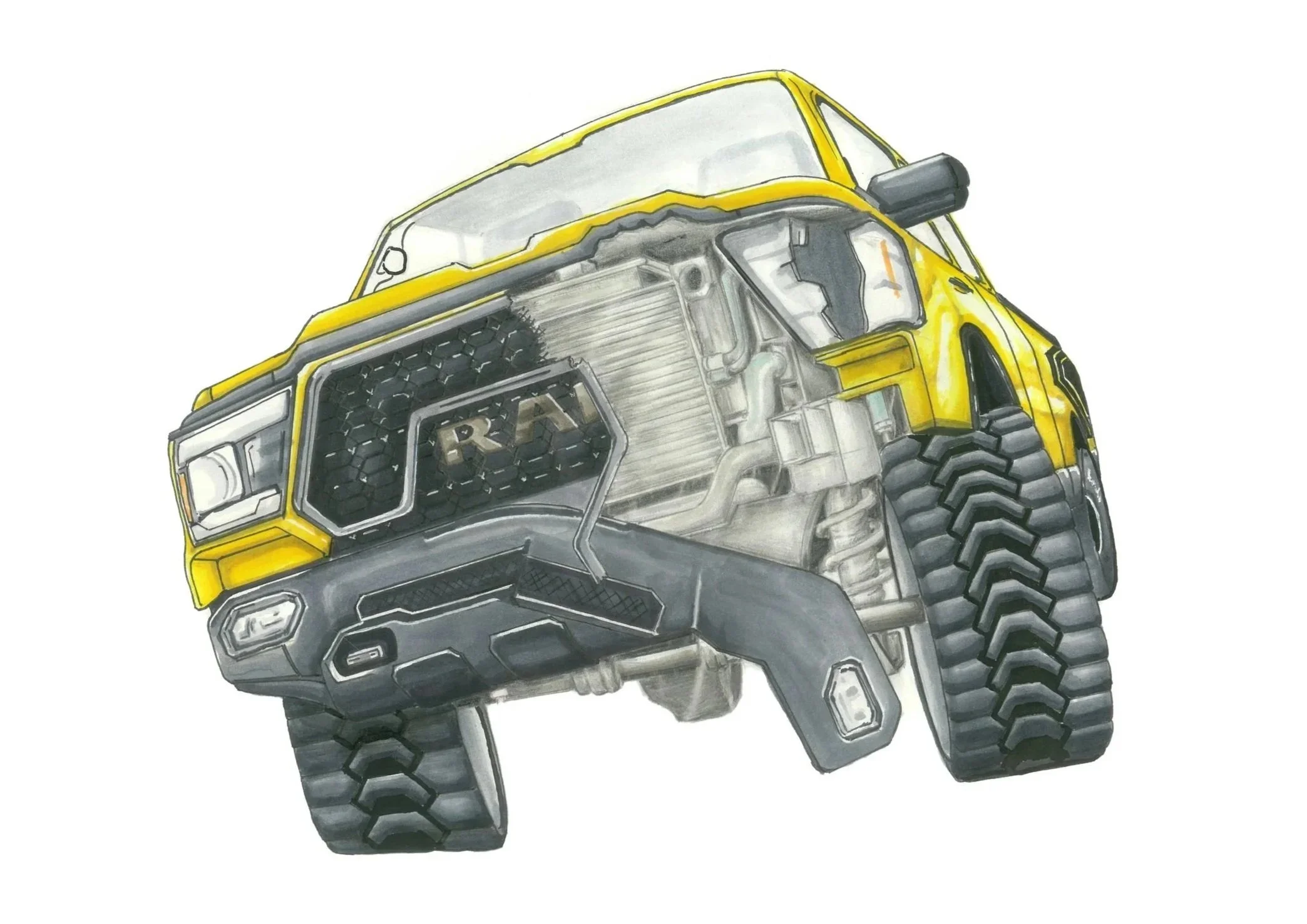 Drawing of a yellow off-road vehicle with a detailed view of its engine and front grille.