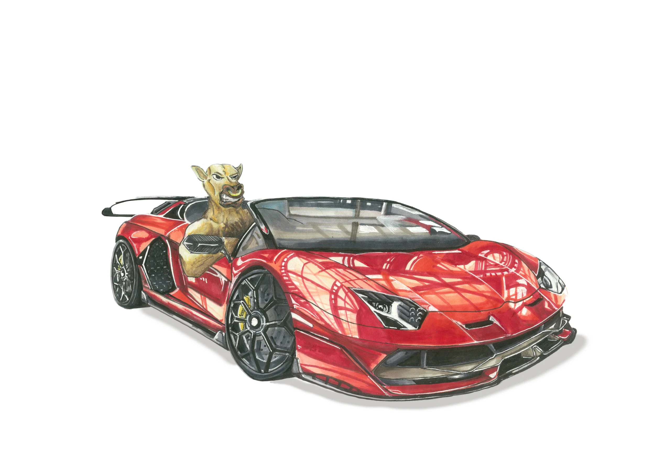 A detailed illustration of a red luxury sports convertible car with a lion-like anthropomorphic figure in the driver's seat, positioned in an aggressive stance.