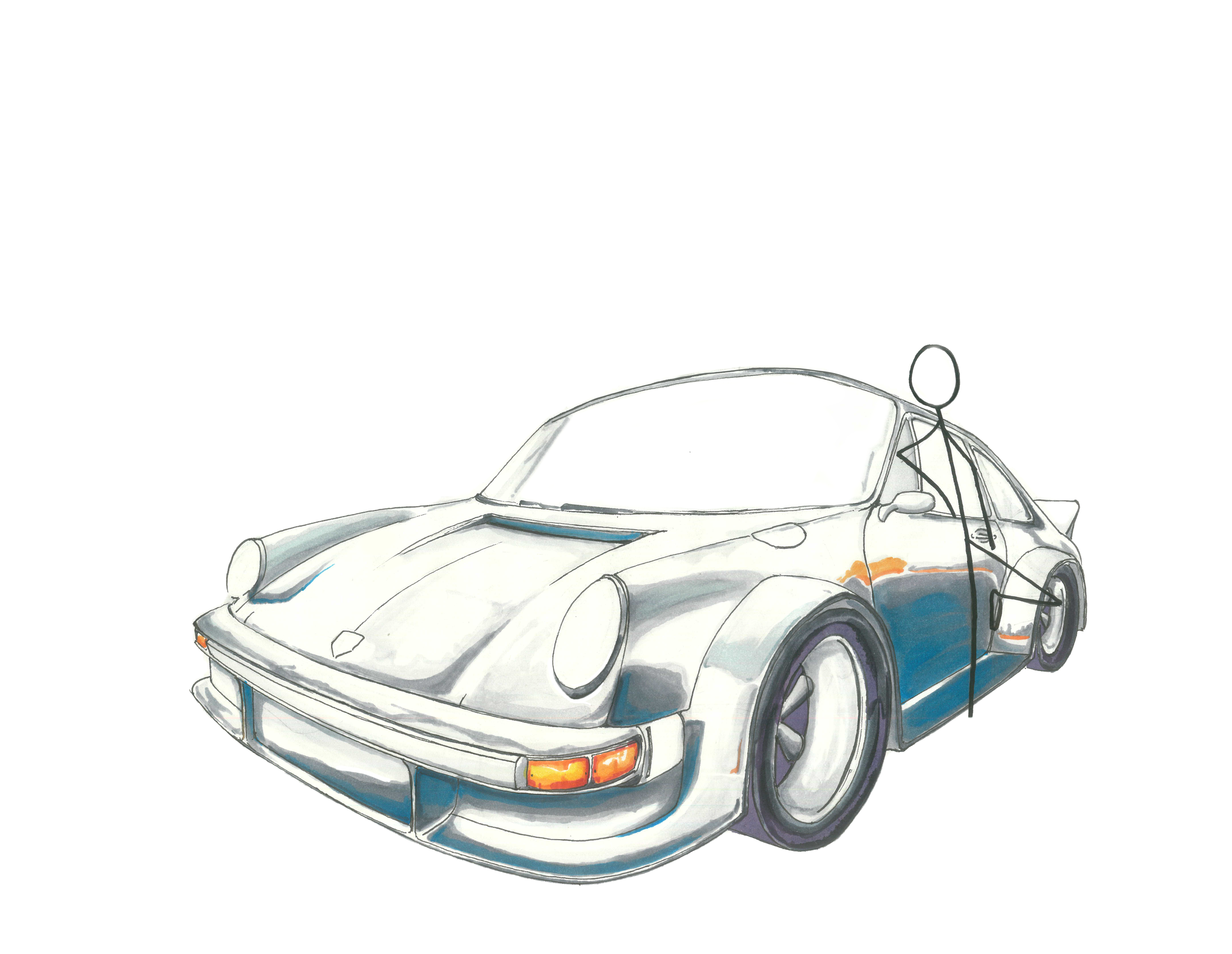 Illustration of a vintage sports car with a cone-shaped figure holding a leash, depicting a person or humanoid figure, connected to the side of the car.