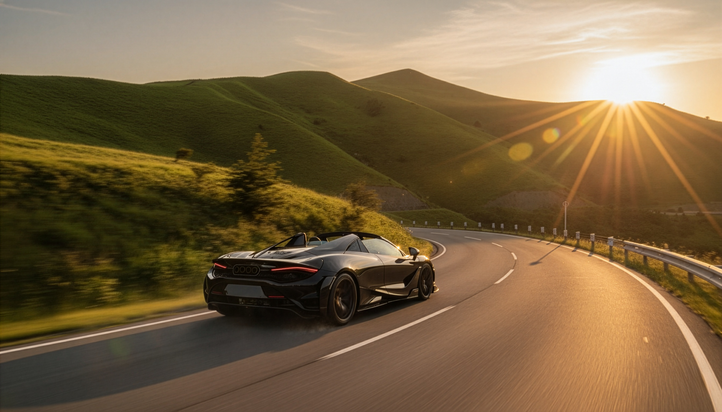 A black sports car driving on a winding mountain road during sunset with green hills in the background.