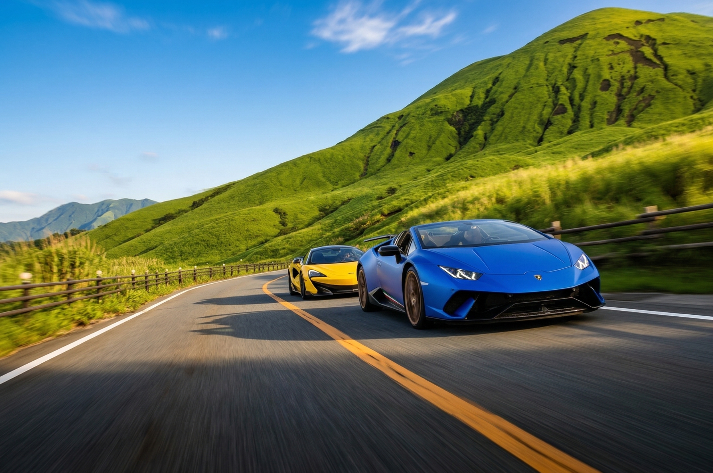 lamborghini huracan and mclaren 600lt driving Aso Kuju National Park Road