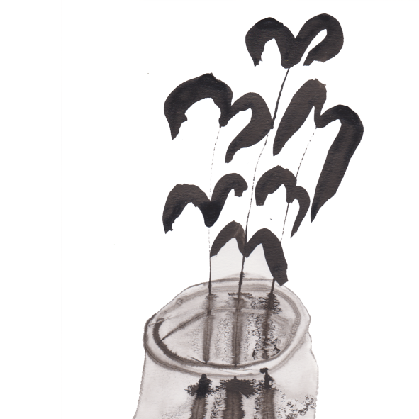 Black abstract plant shapes emerging from a textured ceramic vase on a white background.