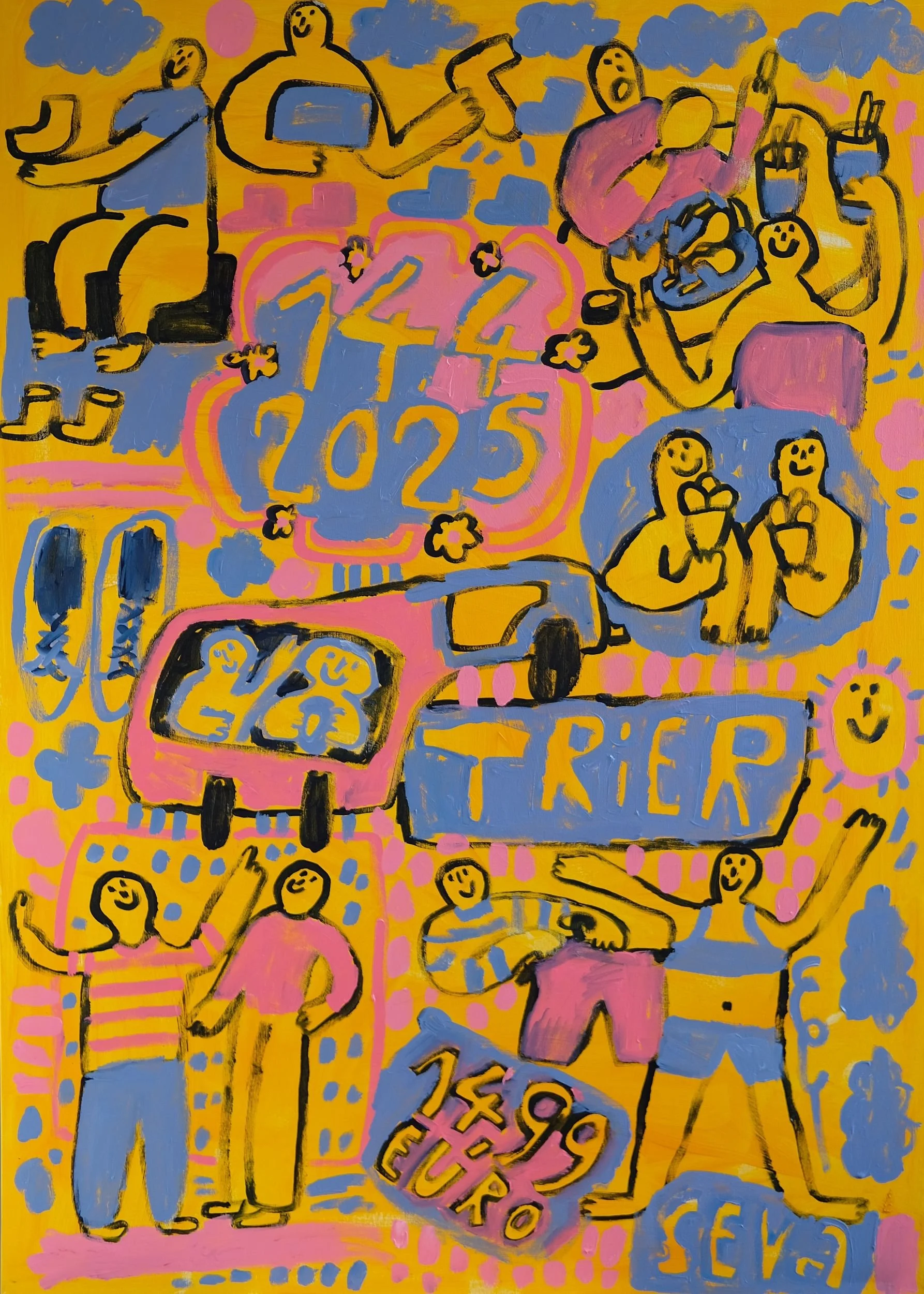 Farbenfrohes Gemälde mit Figuren beim Einkaufen und Essen in Trier – Acryl auf Leinwand von Lenka Seva
