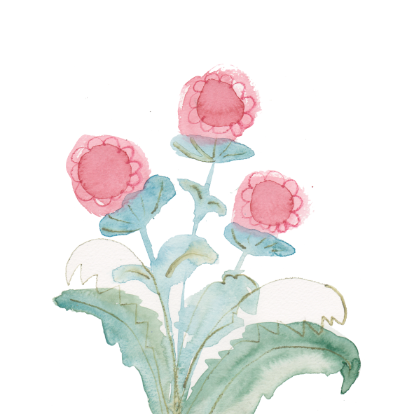 Watercolor painting of pink flowers with green leaves.