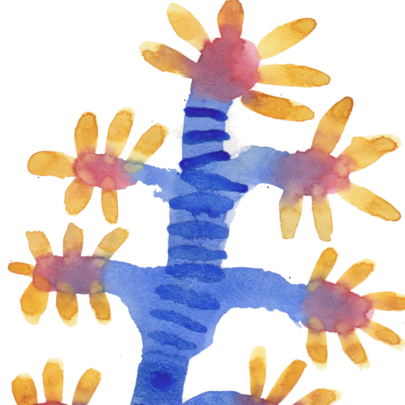 Watercolor painting of a colorful cactus with yellow flowers.