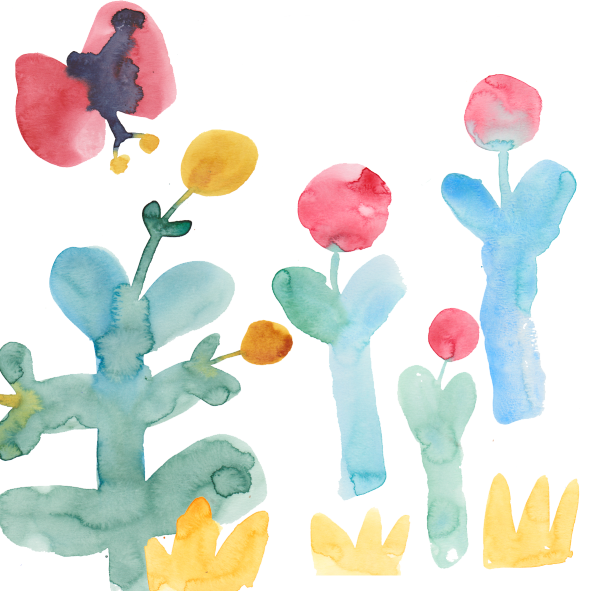 Watercolor painting of colorful cacti and succulents with pink, yellow, red, blue, orange, and green hues.