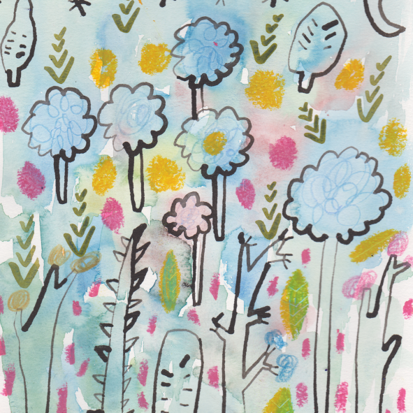 Colorful abstract floral pattern with blue, pink, yellow, and green elements, featuring stylized flowers, leaves, and stems in a whimsical style.