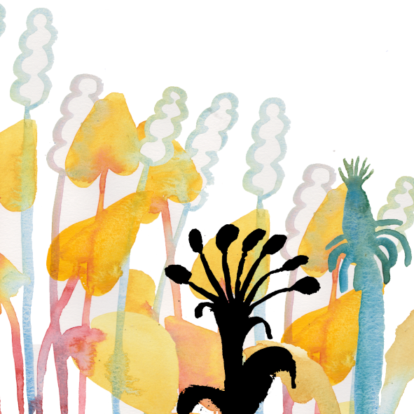 Watercolor illustration of plants with tall stalks, leaves, and a blue animal with a spiky tail among them.