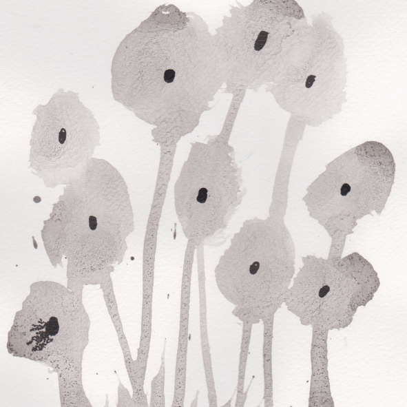 Watercolor painting of small, round flowers with dark centers and long stems.